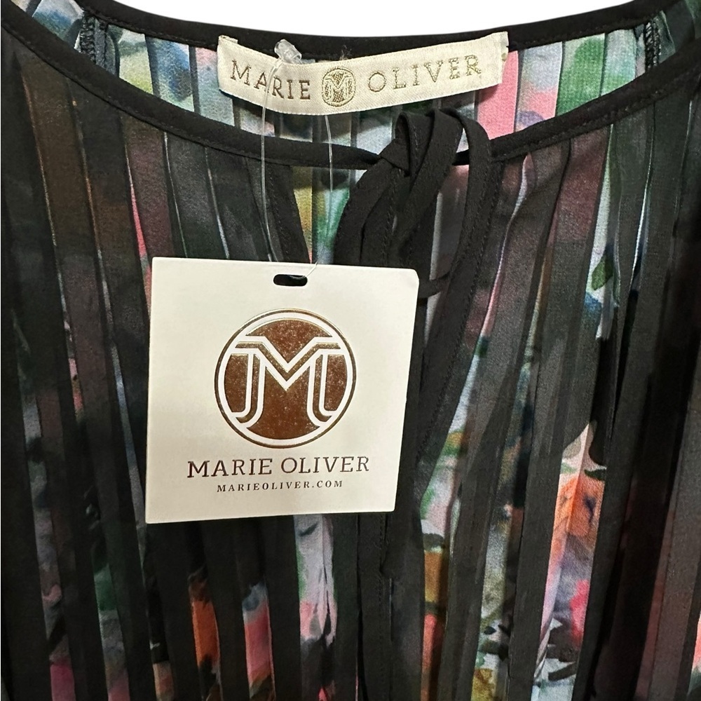 NWT Marie Oliver Black Stripe Jesse Ocean Tropical Silk Lurex Pleated Tie Blouse - Picture 3 of 6